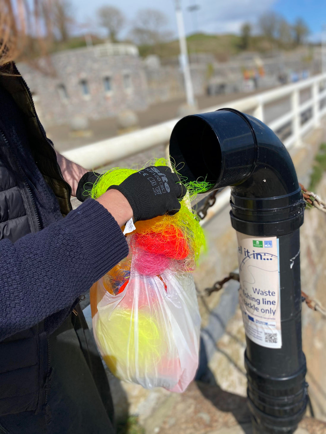 Odyssey Innovation fishing line recycling bin installed at a UK coastal angling locationOdyssey Innovation fishing line recycling bin installed at a UK coastal angling location