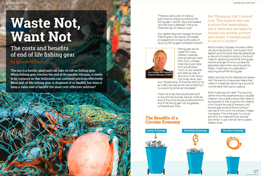 End-of-life fishing gear collected by Odyssey Innovation for recycling through the Net Regeneration Scheme — nets, ropes and plastic waste from UK harbours