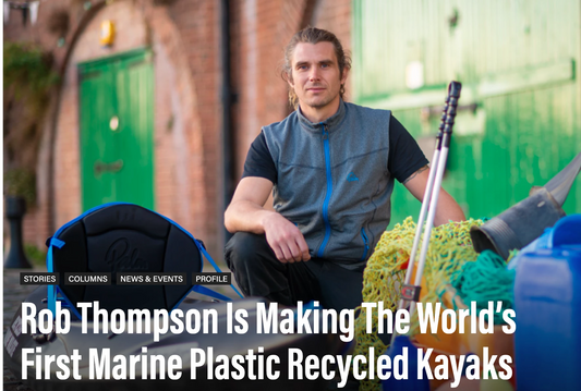 Rob Thompson, founder of Odyssey Innovation, with the world's first marine plastic recycled kayak — as featured in Paddling Magazine